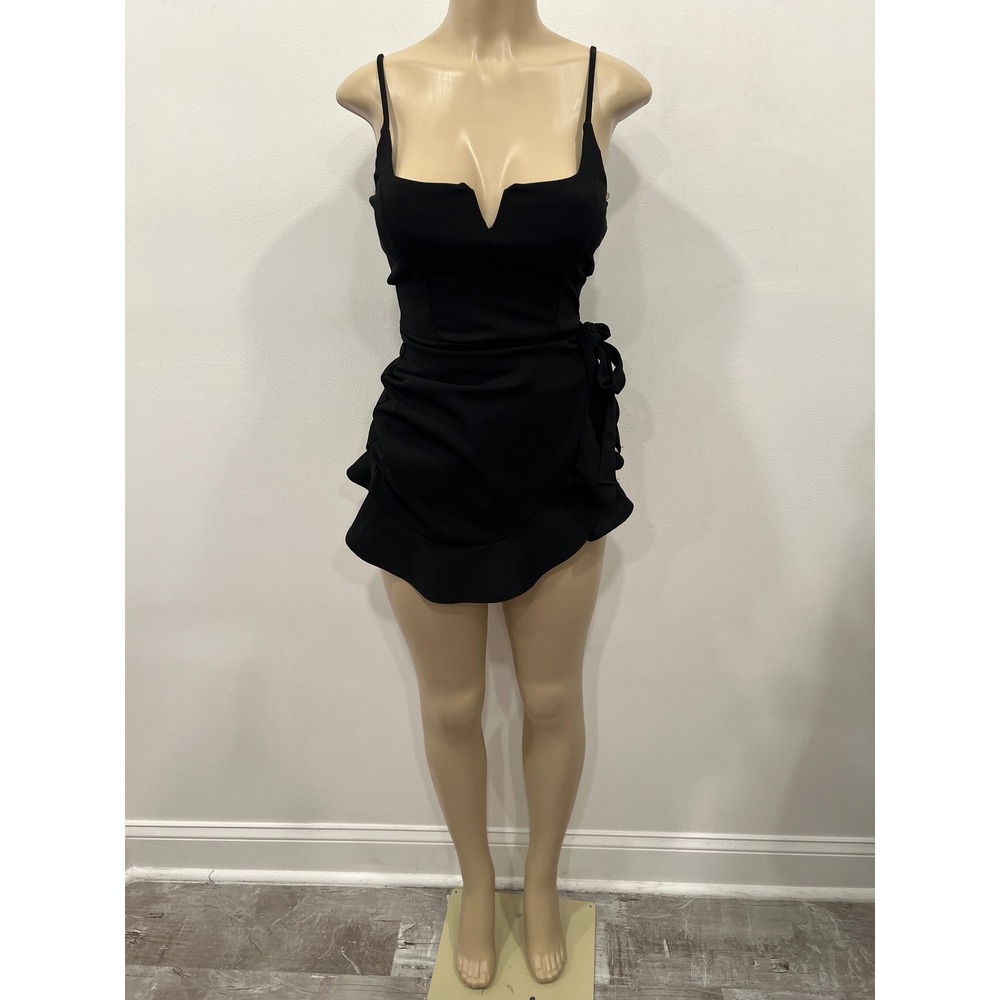 Blue Blush Womens Black Ruffle Faux Wrap Mini Dress Small LBD Sleeveless Notched